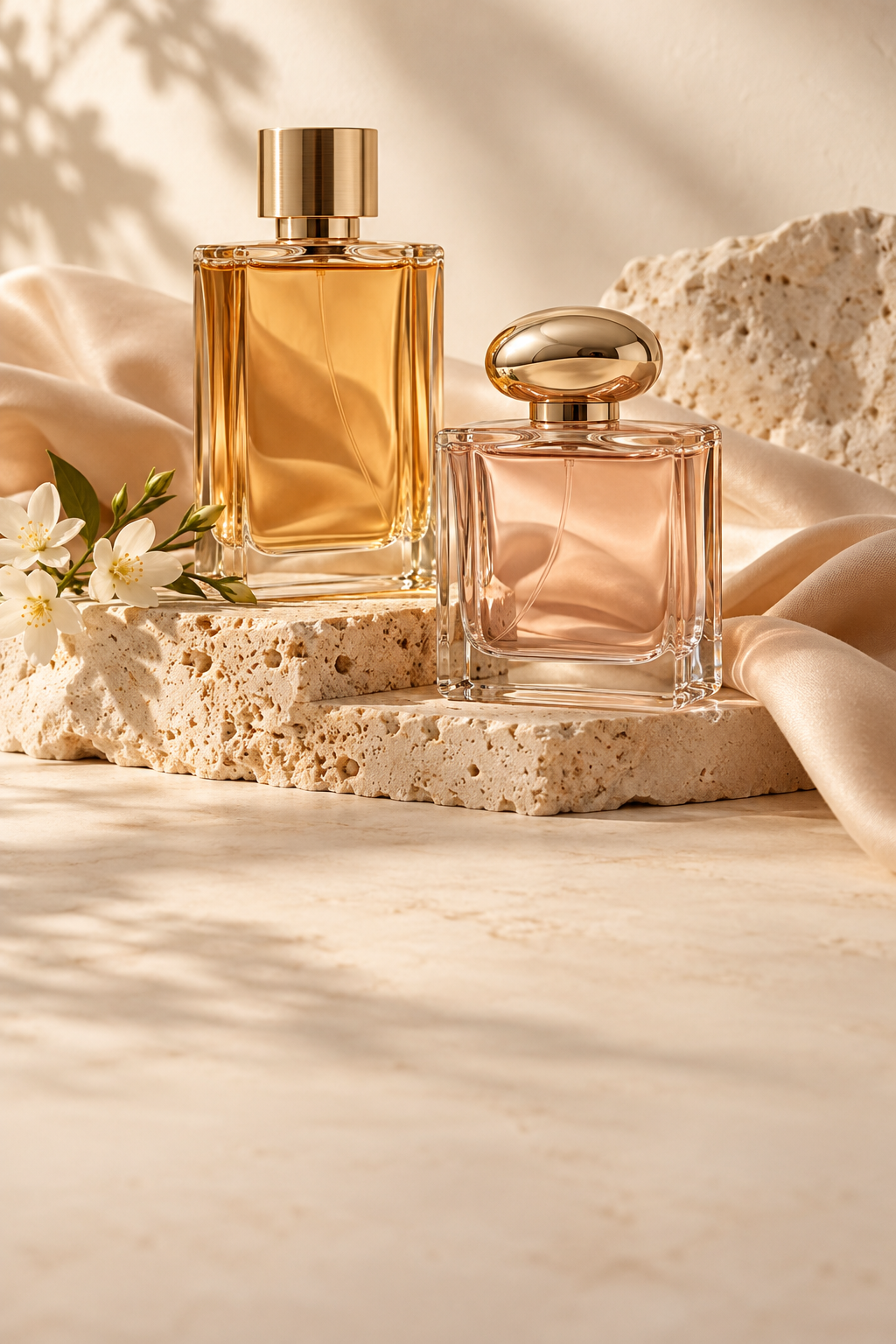 Unbranded perfume bottles in a soft studio setting